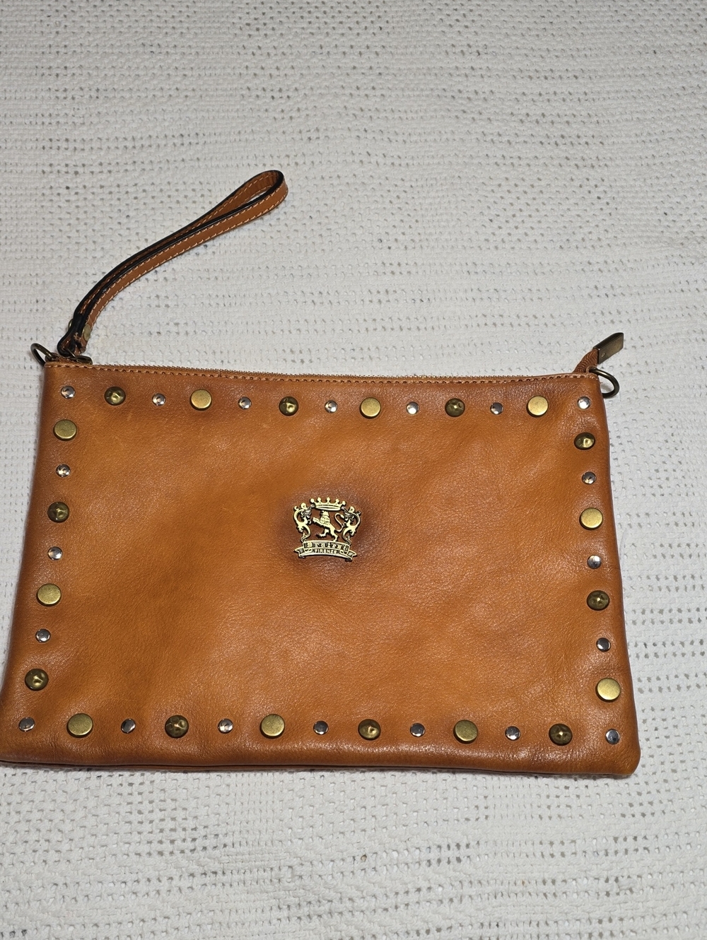 Pratesi Firenze Tan Leather Studded Convertable Clutch Wristlet Bag + Dust Bag